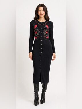 Vintage Boho Embroidered Sweater Maxi Dress Retro Countrycore Dark Fairycore